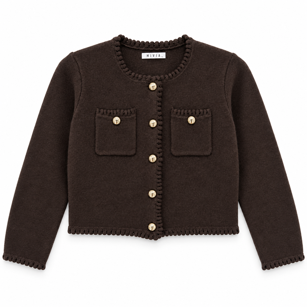 Strickjacke mit goldfarbenen Knöpfen – Chocolate Brown