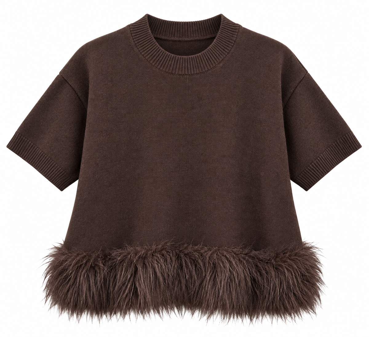 Strickpullover mit Kunstfellbesatz in Dunkelbraun