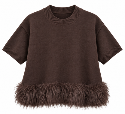 Strickpullover mit Kunstfellbesatz in Dunkelbraun