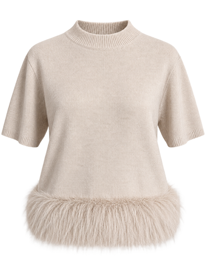 Strickpullover mit Kunstfellbesatz in Dunkelbraun