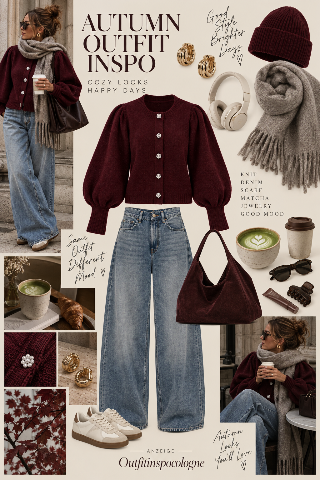Bordeaux Strickjacke mit Statement-Ärmeln
