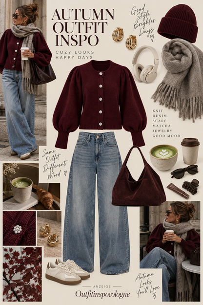 Bordeaux Strickjacke mit Statement-Ärmeln